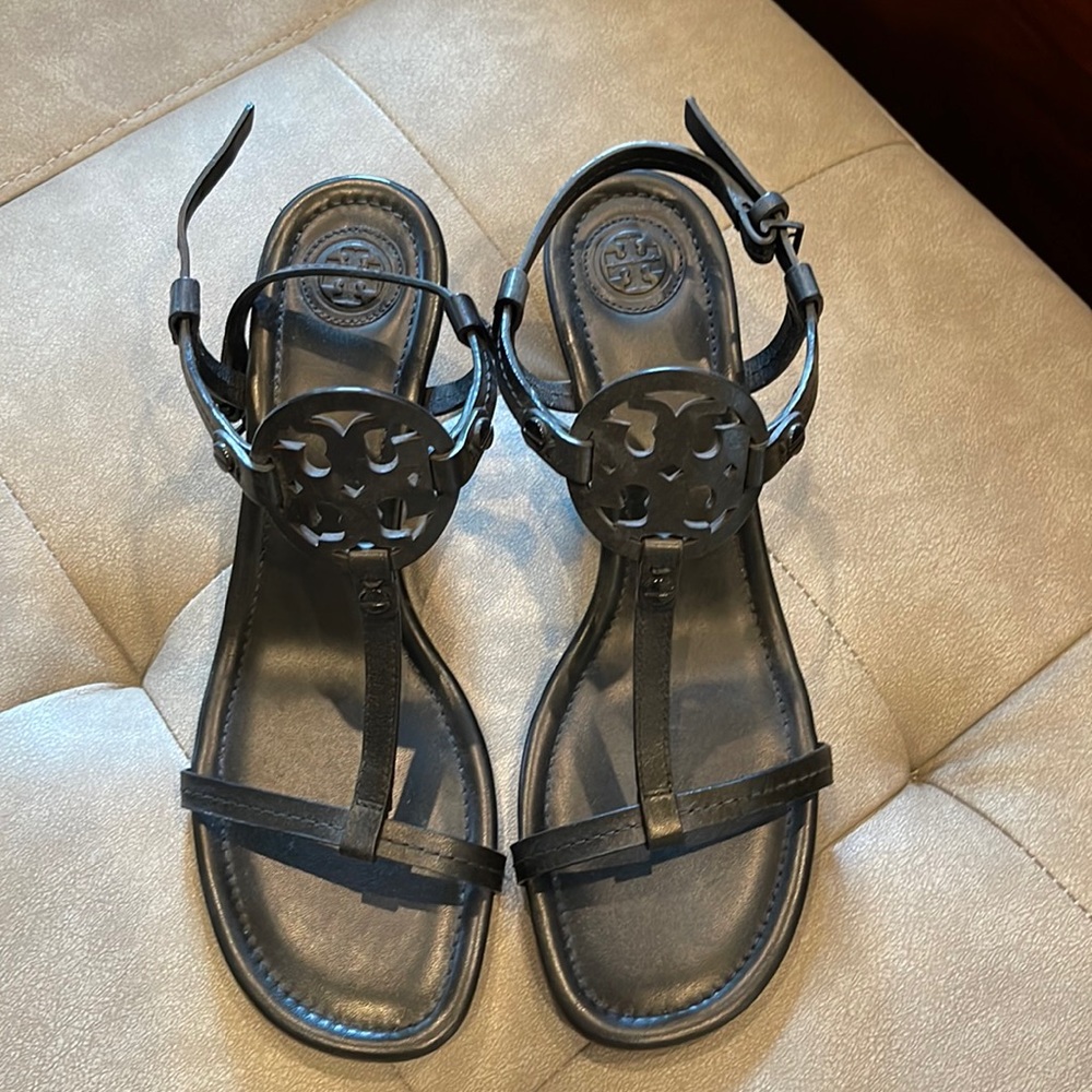 Never worn black, strappy Tory Burch wedge heel. The perfect summer shoe!
